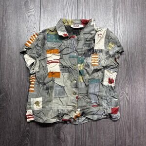 Elisa Vintage Patchwork Print Short Sleeve Button Up Shirt Womens XL Grey Multi